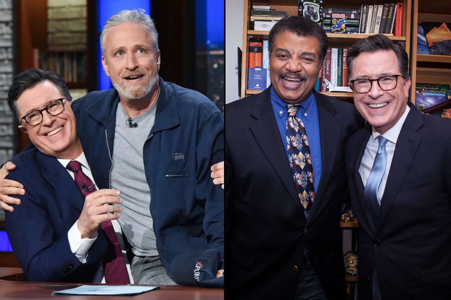 Stephen Colbert with Jon Stewart and Neil deGrasse Tyson