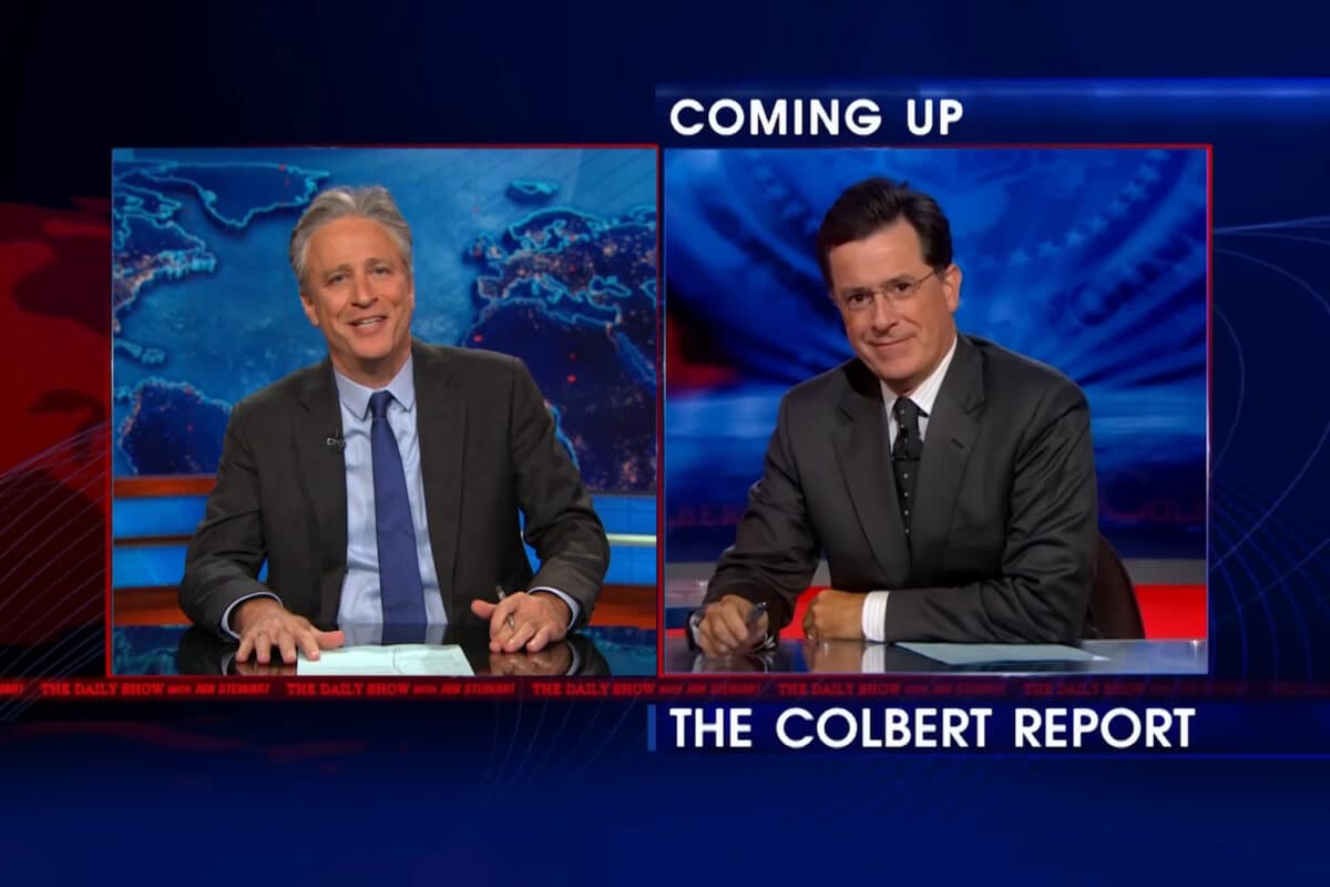 Jon Stewart Stephen Colbert toss