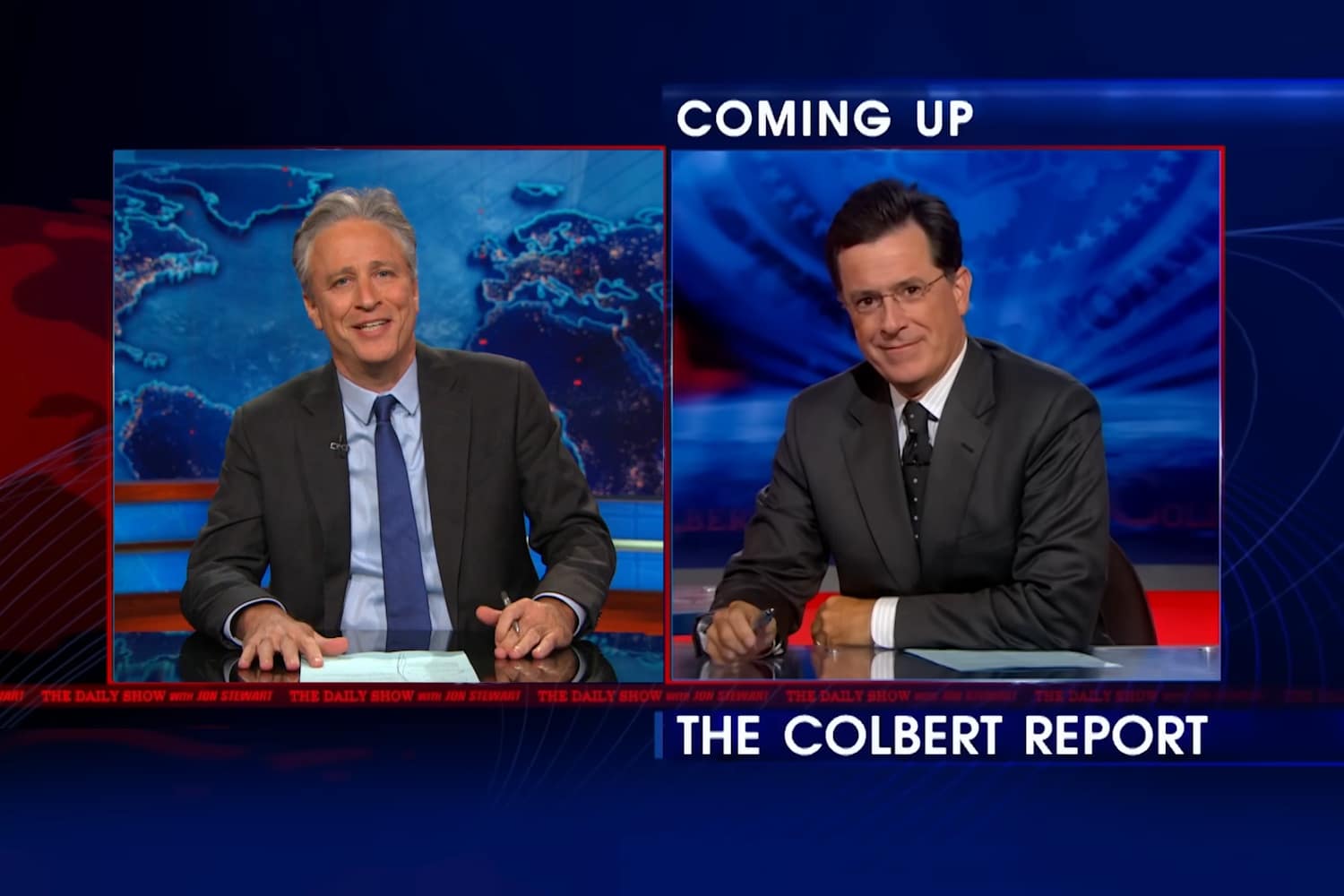 Jon Stewart Stephen Colbert toss